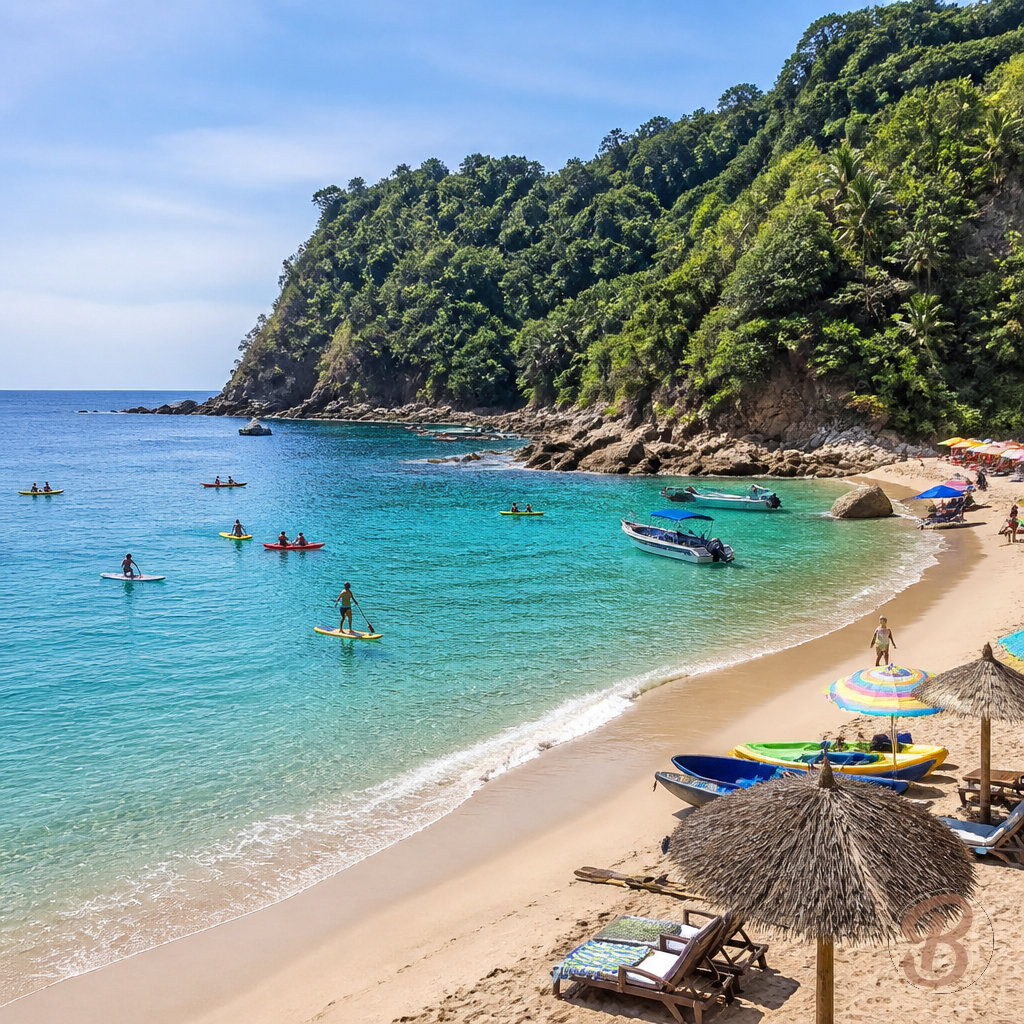 Playa de La Gloria, donde la familia puede disfrutar de deportes acuáticos y un ambiente acogedor.